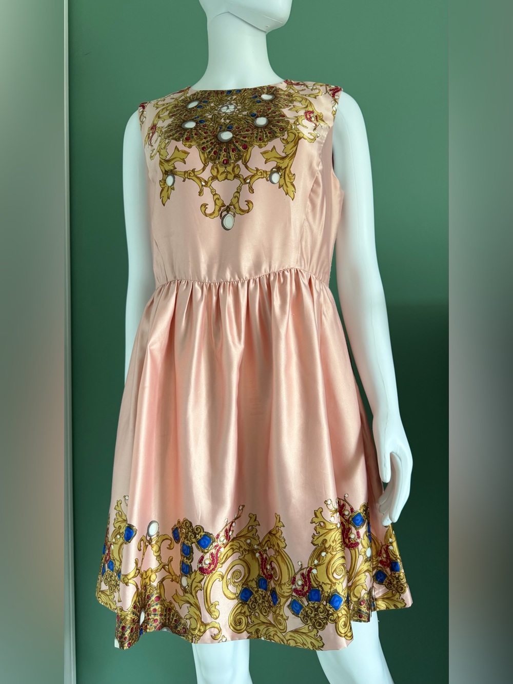 Joe Fresh Filigree Soft Pink Satin Midi Dress with Gold Jewel Motif